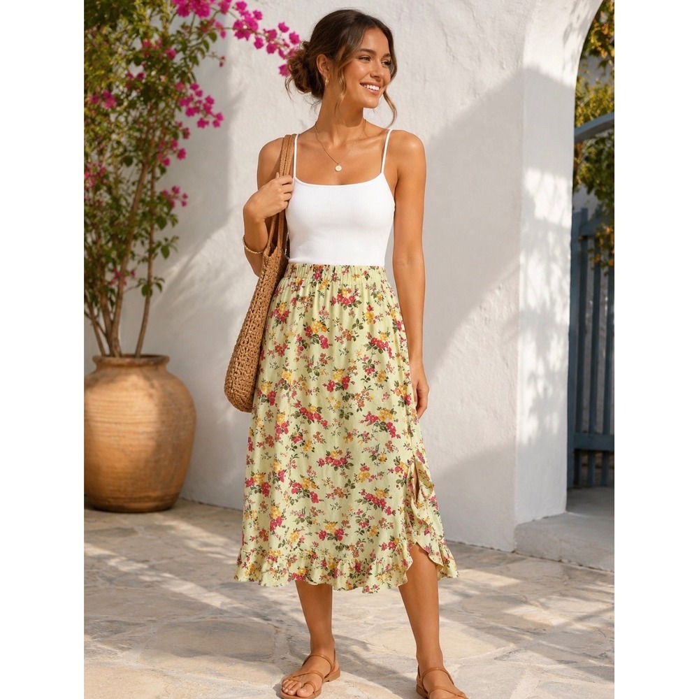 April Cornell Floral Midi Skirt Womens Small Green Ruffle Boho Cottagecore
